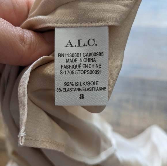 ALC Blouse Silk Stretch V-Neck Choker Beige Long Sleeve Cuff Women's 8 - Picture 6 of 11